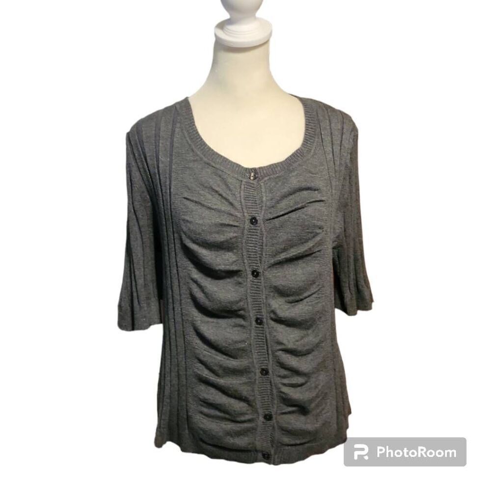 Roz & Ali Rouched Buttoned Gray Top Women's Size Petite Large